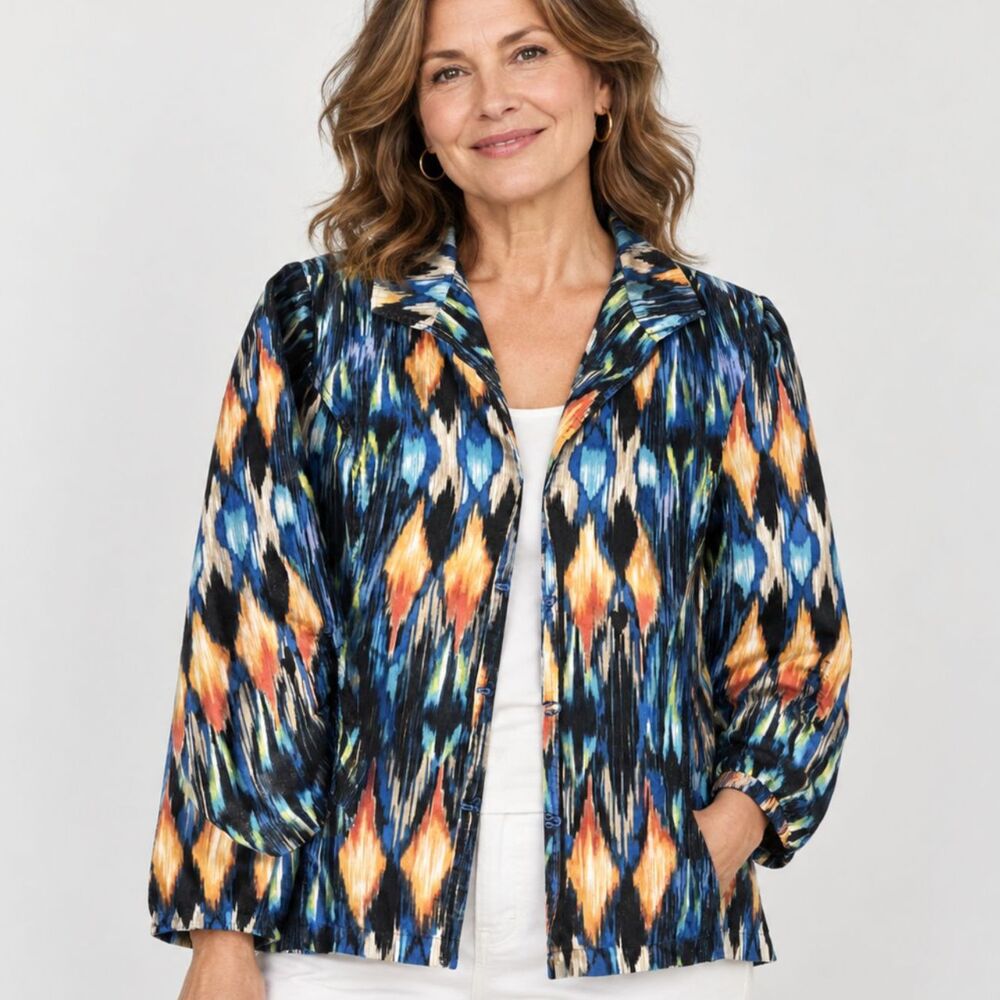 Chico’s Size 2 L Linen Cotton Blend Jacket Blue Ikat Inspired Abstract Print
